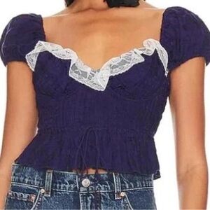 For Love And Lemons Navy Blue Blouse with White Lace